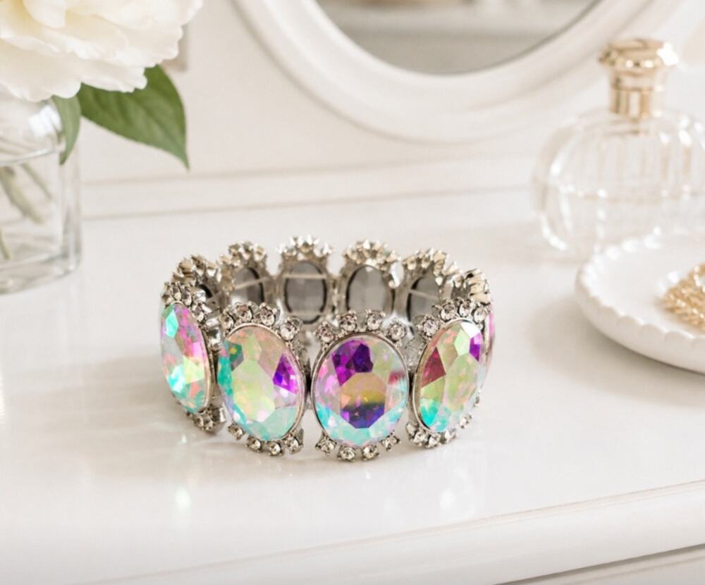 Bling AB Silver Large Stone Stretch Bracelet New